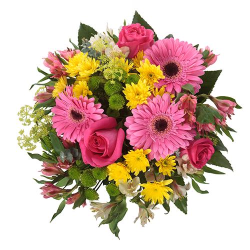 Ramo con gerberas rosa, rosas rosa, crisantemos amarillos y otras flores secundarias.